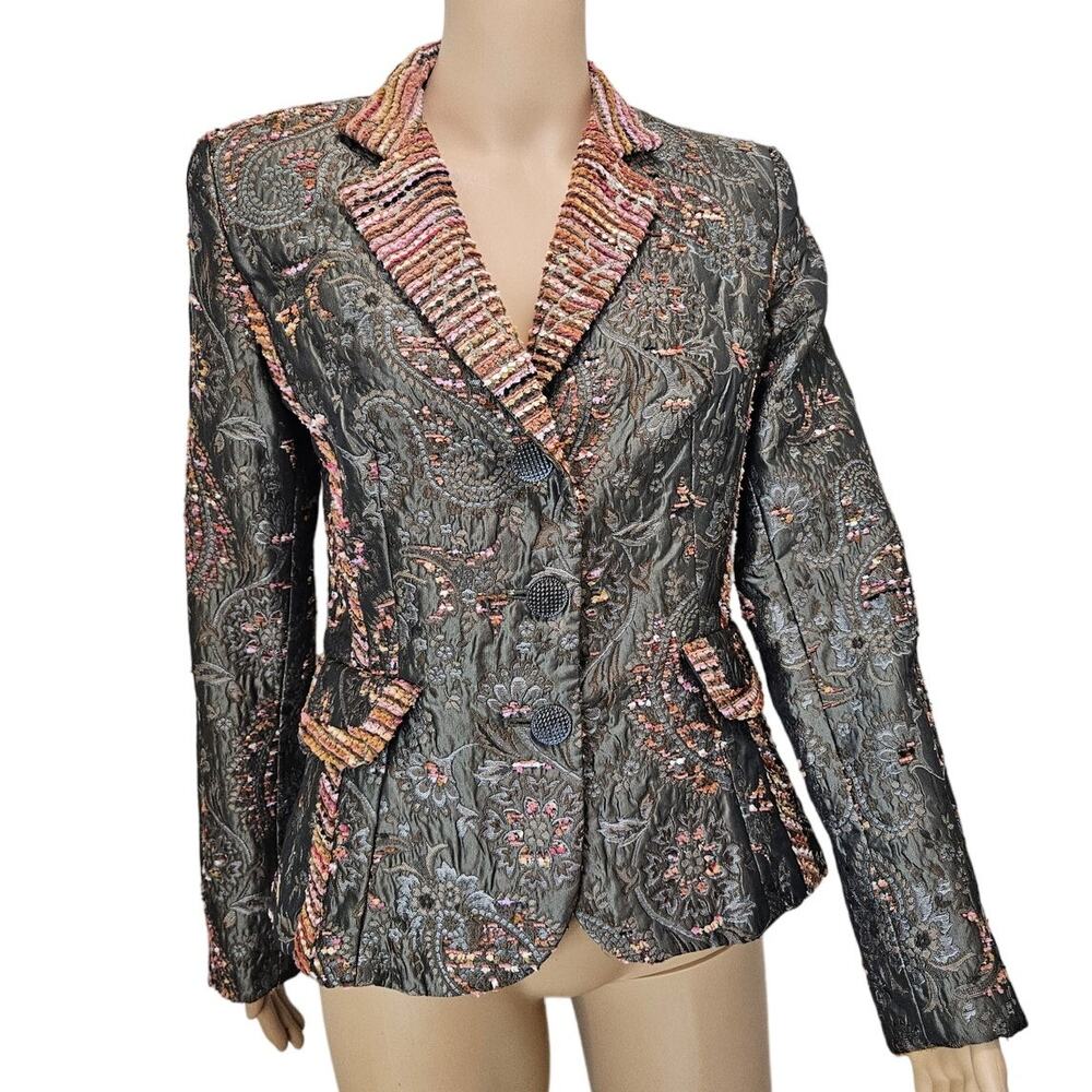 90s Vintage Fitted Embroidered Floral Striped Tapestry Zelda Blazer Size 6P